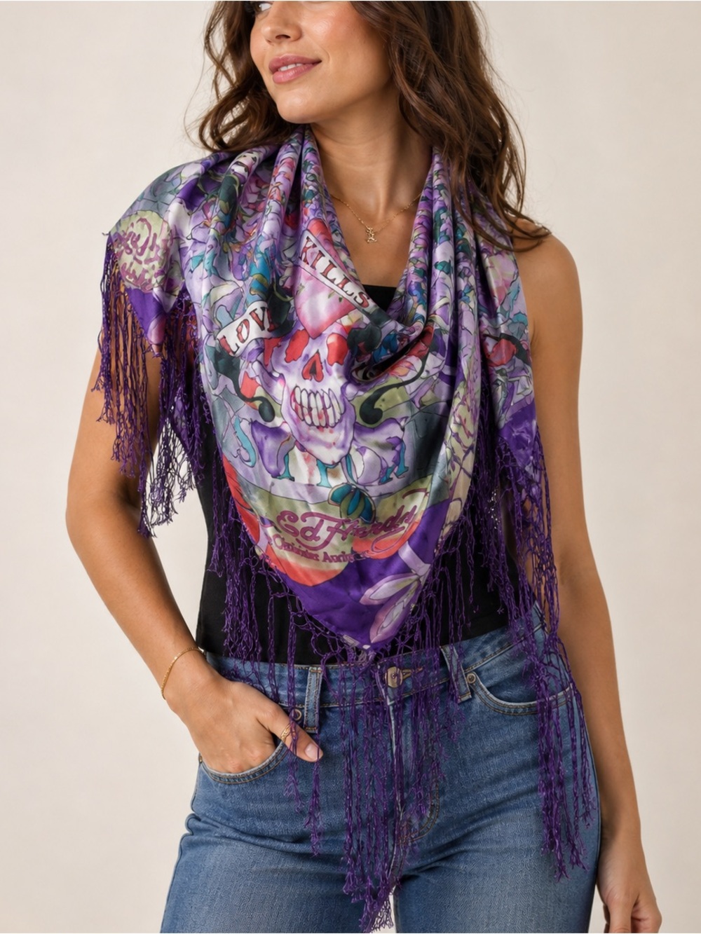 Ed Hardy Silk Scarf Skull Hearts Purple Fringe Y2K Christian Audigier